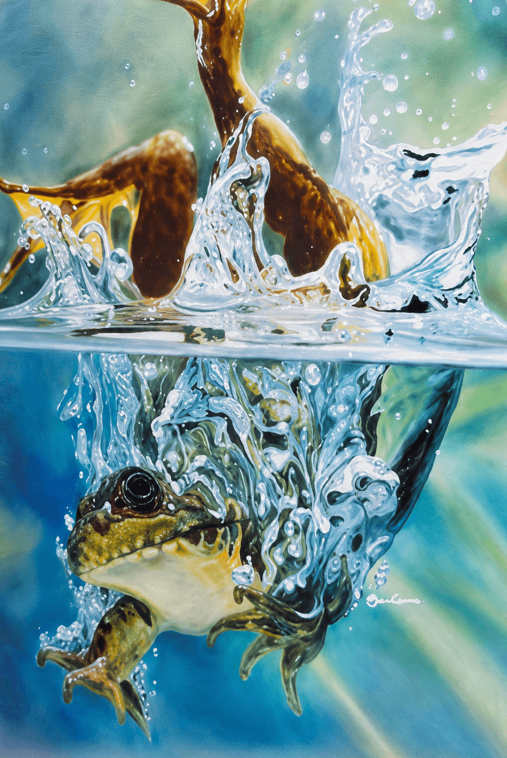 Detailed painting of a frog diving into water, capturing a dynamic splash and underwater bubbles.
