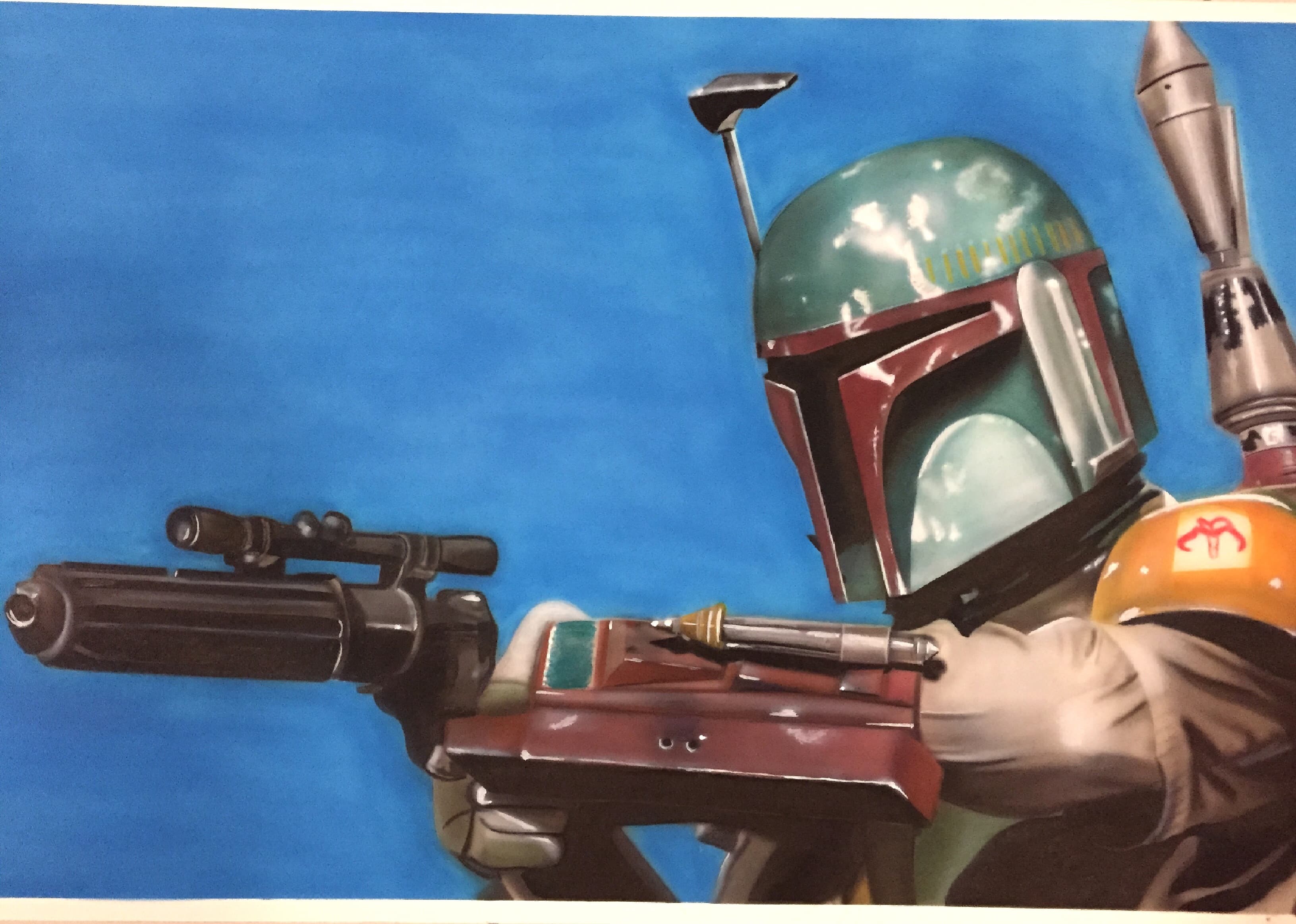 Mandalorian bounty hunter Boba Fett aims a blaster rifle against a solid blue background.