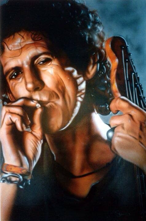 Detailed painting of Keith Richards smoking a cigarette while holding the headstock of a guitar.
