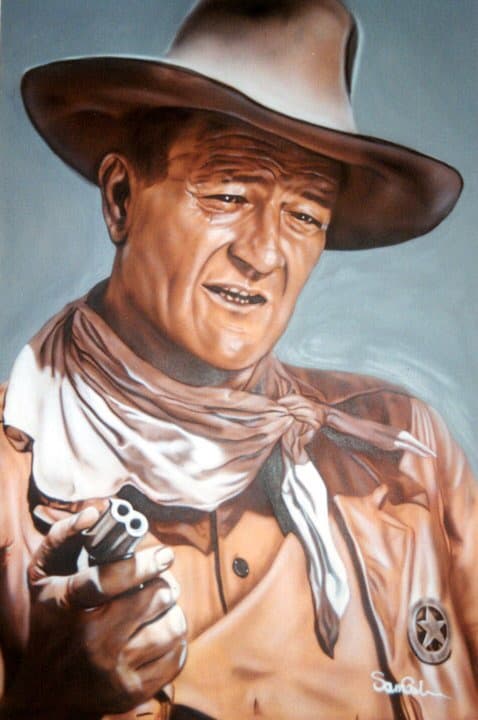 Painting of John Wayne wearing a cowboy hat and sheriff badge, holding a small handgun.