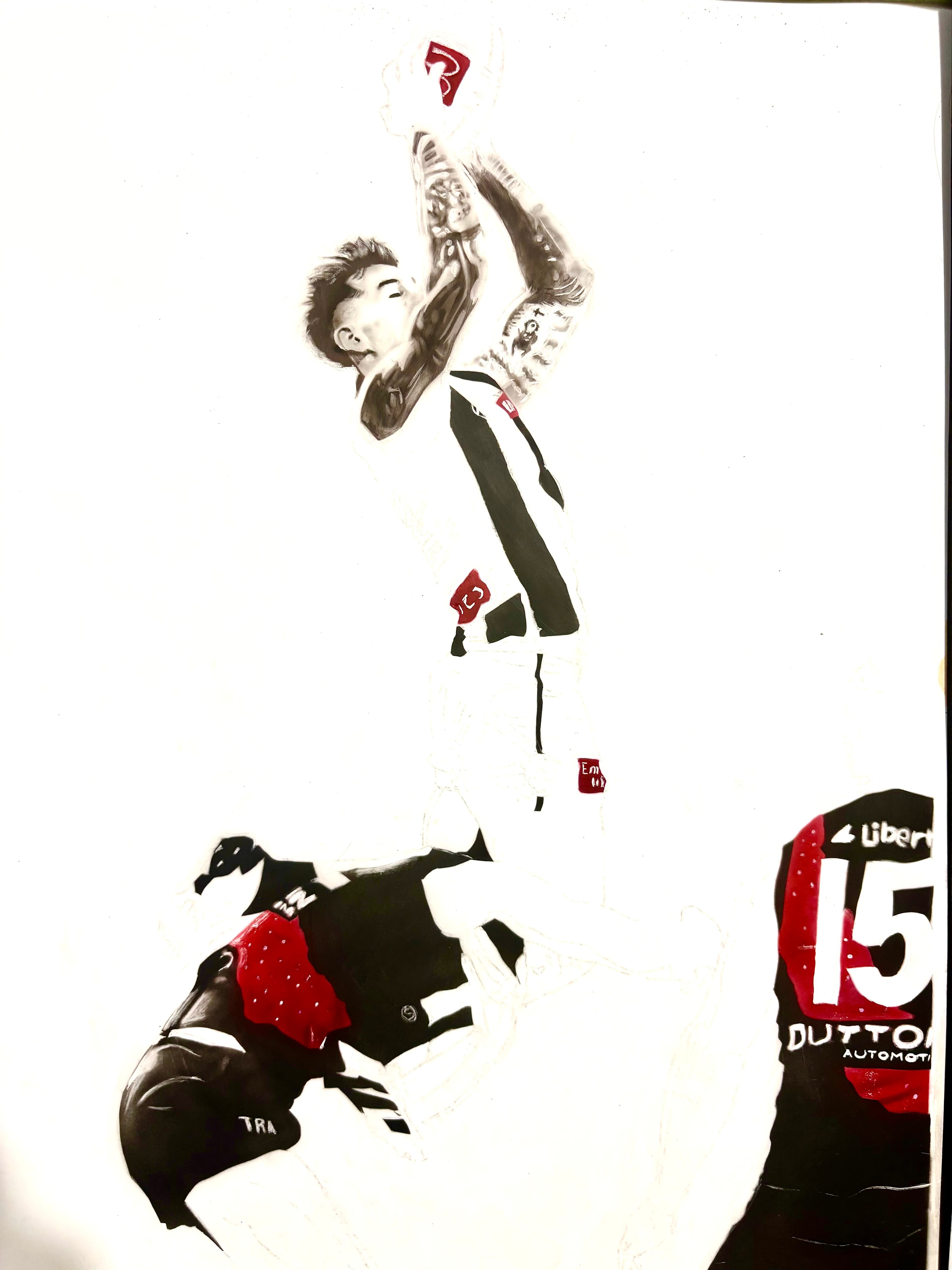 Minimalist illustration of a Collingwood AFL player taking a spectacular mark over an opponent.