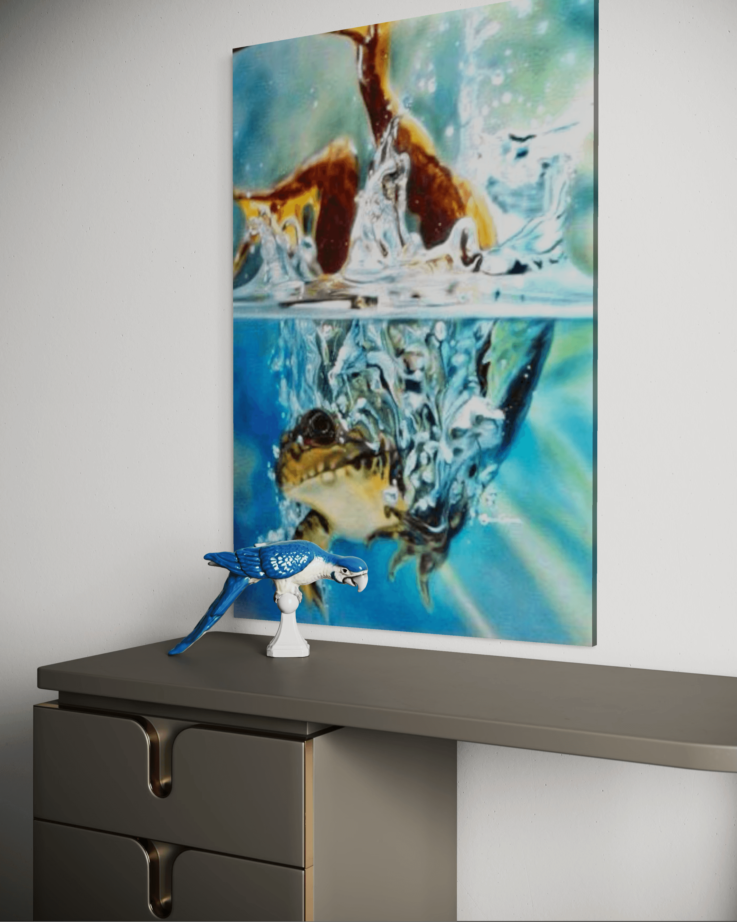 Large frog splash painting above a blue parrot figurine on a modern grey desk.