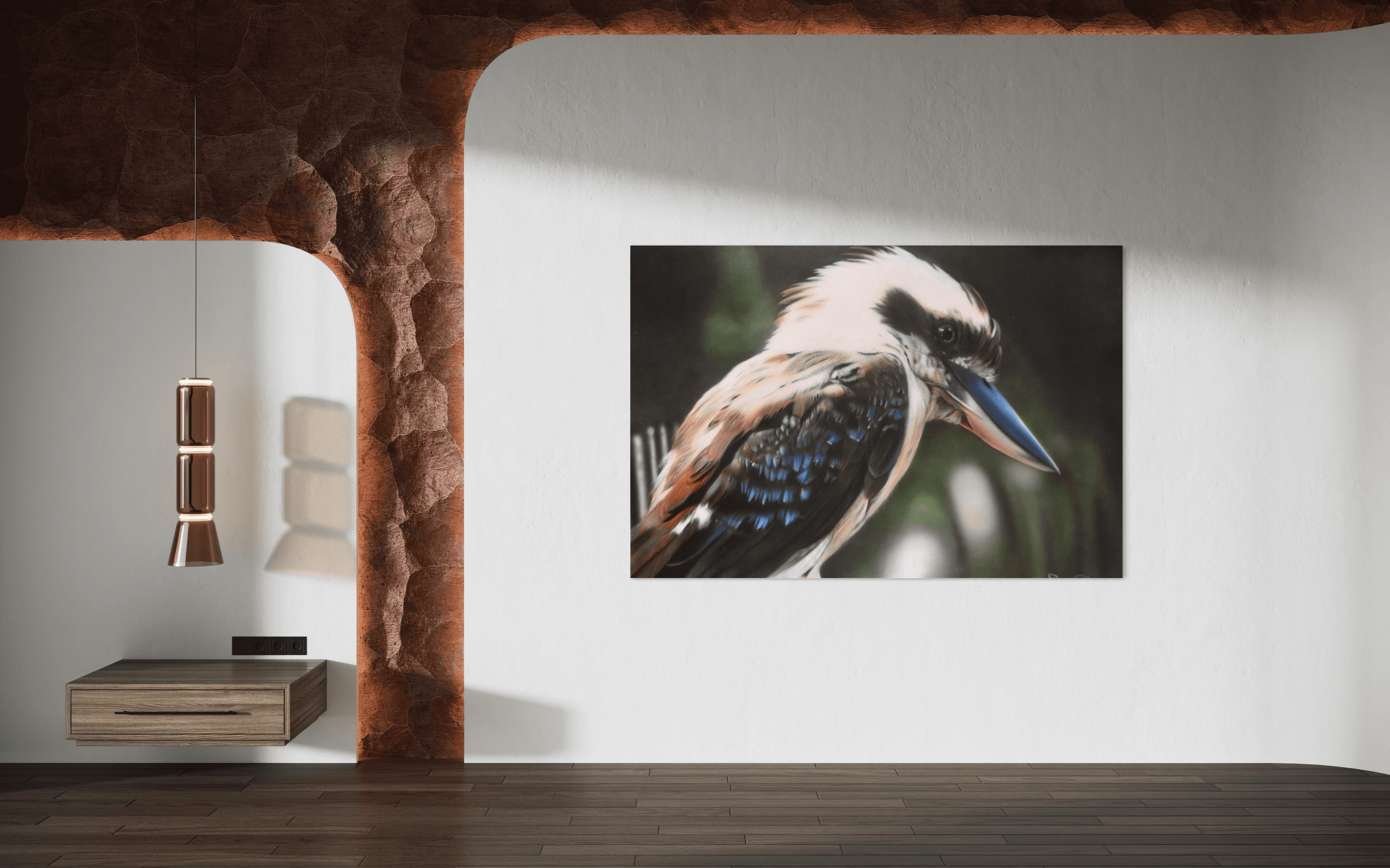 Large kookaburra painting on a white wall in a minimalist room with a textured archway.