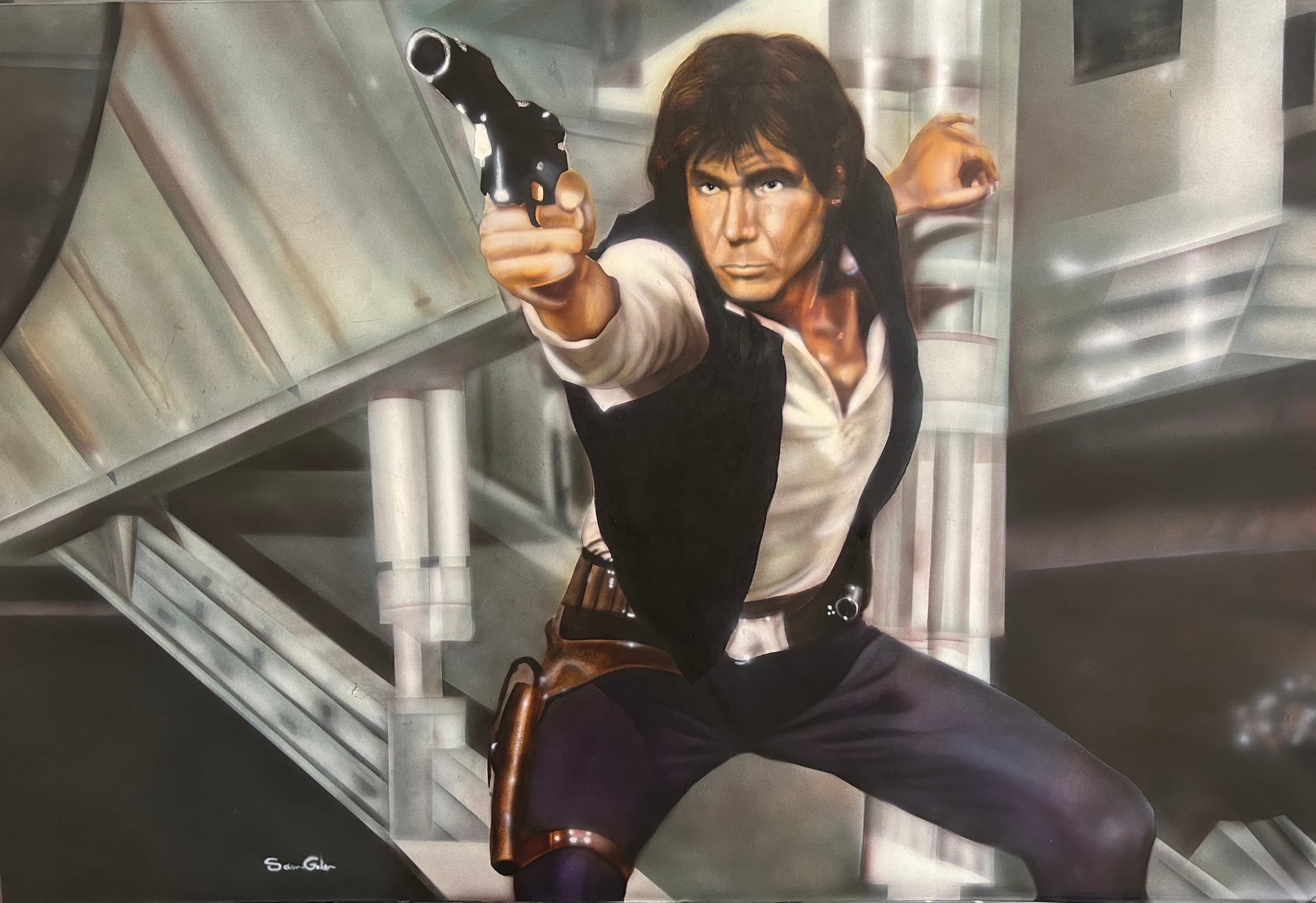 Han Solo aims a blaster pistol, crouching in a dynamic pose in a metallic corridor.